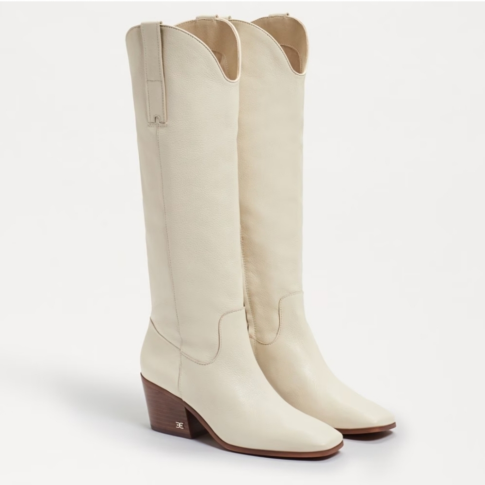 Sam Edelman Britten Ivory Cream Leather Western Square Toe Heel Boots size 6